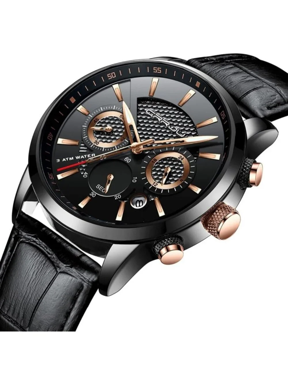 Men's Black Gold Leather Strap Casual Chronograph Quartz Waterproof Wrist Watch